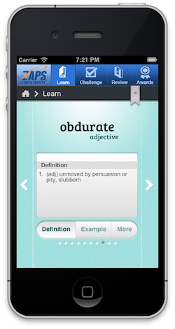 Each vocabulary word in the ZAPS College Vocabulary Challenge app is defined, using words that most students understand. This is a screenshot from the ZAPS College Vocabulary App, showing the definition of the word "obdurate."
