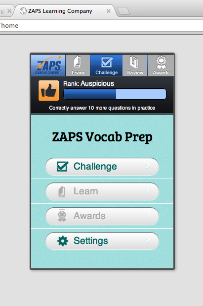 You can use the ZAPS Vocabulary Challenge on your computer or tablet, as well as on your smartphone. This is a photo of the ZAPS Vocabulary Challenge on a computer screen.