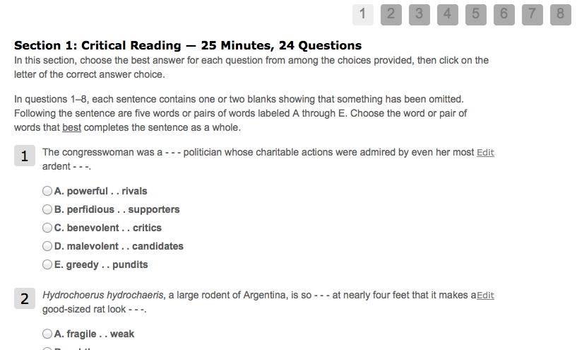 Sample from the online ZAPS SAT-Practice Test